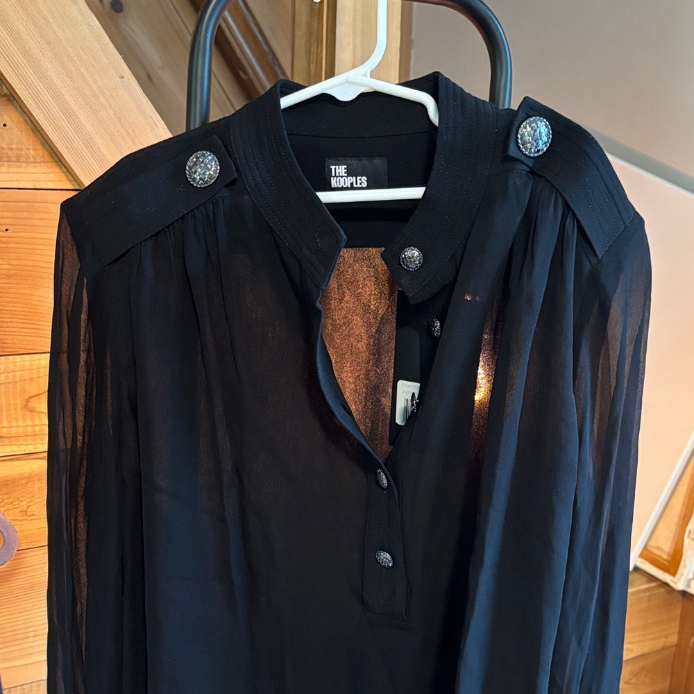 The Kooples Black Sheer Blouse with Embellished Buttons
